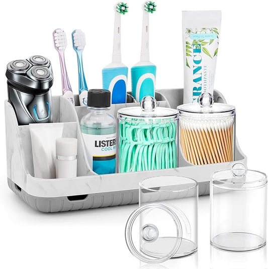 GFWARE Bathroom Toothbrush Holder Set with 2 Pack Qtip Holder Dispenser - Detachable 7 Slots Bathroom Accessory Set, Kids Marble Bathroom Sink Counter Set, Bathroom Essentials Decor, Grey