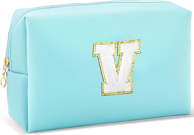 Gifts for Girls Initial Makeup Bag Personalized Cosmetic Bag with Zipper Cute Travel Toiletry Bag Waterproof PU Preppy Makeup Pouch Birthday Gift for Teen Girls Women(Blue V)