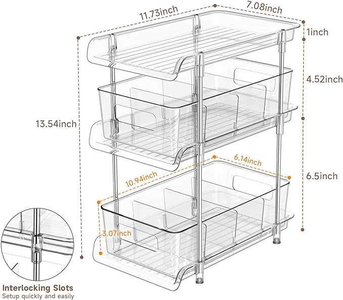 2Set 3 Tier Clear Bathroom Organizer with Dividers, Pull-Out Pantry Organization and Storage, Multi-Purpose Under Sink Organizers and Storage, Vanity Skincare Cosmetic Closet Organizer Medicine Bins