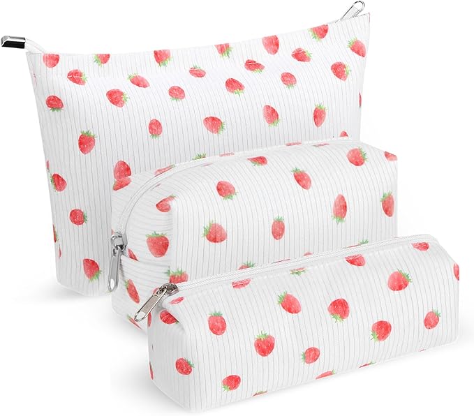 3 Pcs Makeup Bag Set for Women Corduroy Cosmetic Pouch Aesthetic Smile Travel Toiletry Bag Cute Purse Pouch Pencil Case Makeup Brushes Storage Organizer for Christmas (Beige,Strawberry)