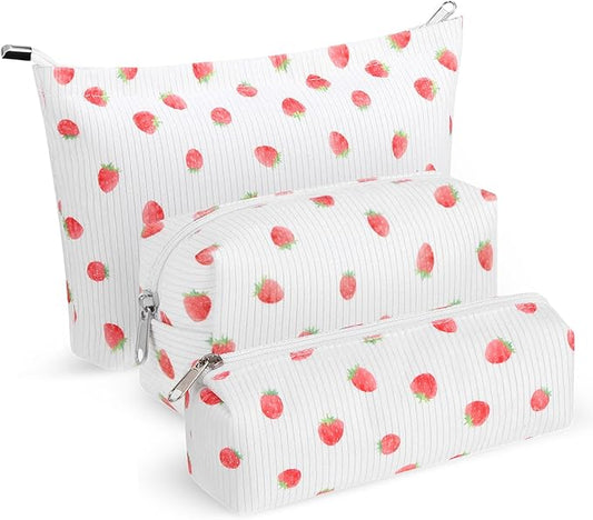 3 Pcs Makeup Bag Set for Women Corduroy Cosmetic Pouch Aesthetic Smile Travel Toiletry Bag Cute Purse Pouch Pencil Case Makeup Brushes Storage Organizer for Christmas (Beige,Strawberry)