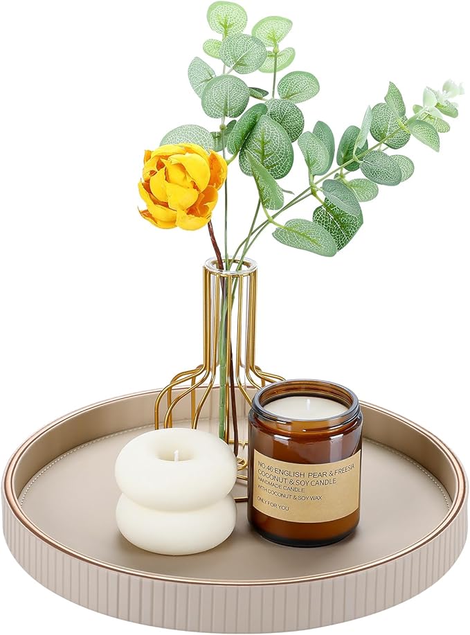 GORESE Round Decorative Tray for Coffee Table Decor, 12" PU Leather Serving tray Table Centerpiece Home Decor, Desk Valet Tray for Trinket Jewelry Perfume Key, Ottoman Tray Nightstand Organizer, Beige