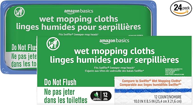 Amazon Basics Wet Mopping Cloth Refills, Multi-Surface Floor Cleaning, Fresh Scent, Low Streak, Disposable, 24 Count (Fits Swiffer Sweeper Mop Heads)