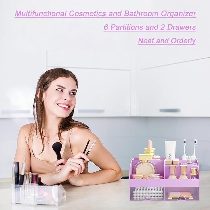 Makeup Organizer with 2 Drawers, Cosmetic Storage for Dresser Vanity and Bathroom Countertop, Makeup Organization and Skincare Storage with Beauty Brush Holder, Cosmetic Display Case (Purple)