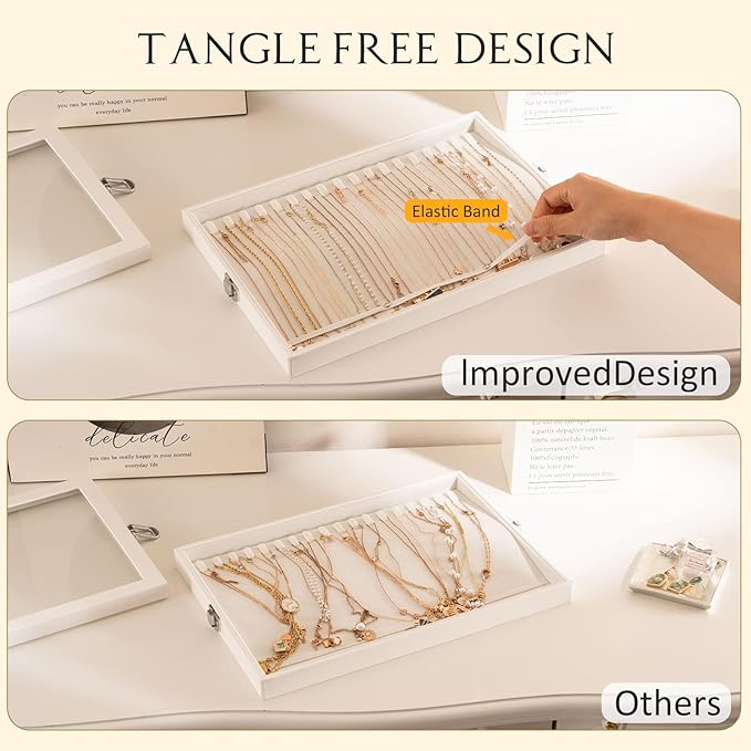Lolalet Jewelry Organizer Tray with Lid, 18 Hooks Velvet Necklace Organizer Holder Storage Box for Drawer -Beige