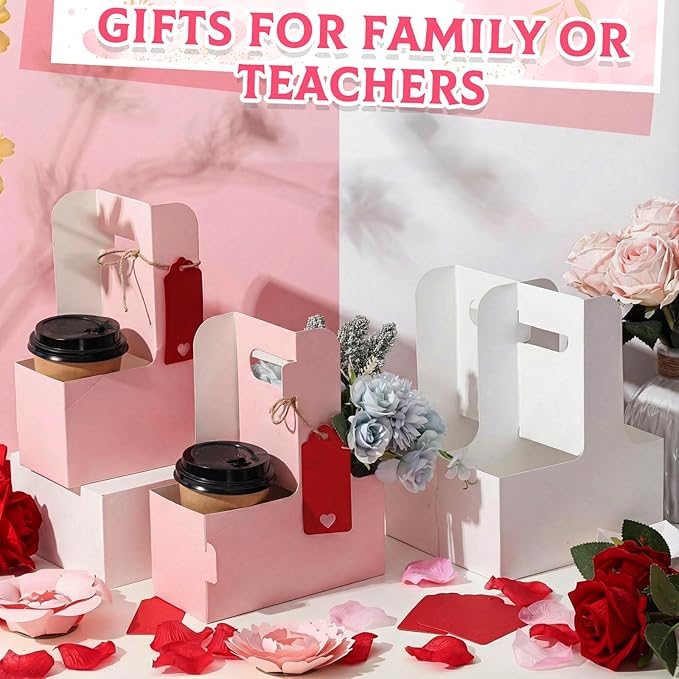 MotiMind 8 Pack Mother's Day 2 Cup Drink Carrier with Handle, Kraft Paperboard Teacher Cup Holder Portable for Hot Cold Drinks, Coffee Carrier Gift with Heart Card Rope (White,Pink)