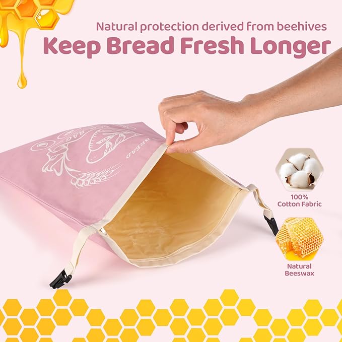 2 Pack Beeswax Bread Bags with Zipper, XL(13x17in) Sourdough Bread Storage for Homemade, Freezer Storage Bag to Keep Fresh, Cotton Beeswax Container, Baguette Bag with Liner, Kitchen Baking (Pink)