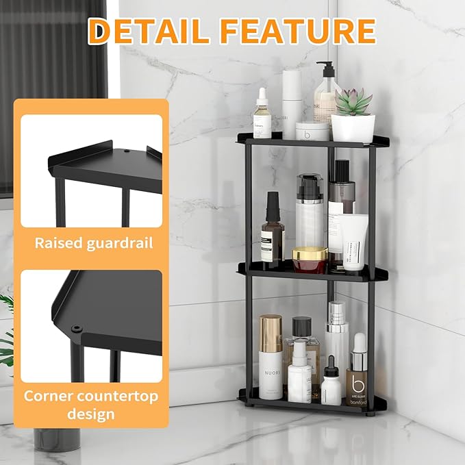 3 Tier Bathroom Counter Organizer, Vanity Organizer Corner Shelf, Skincare, Makeup Countertop Organizers, Kitchen, Bathroom Counter Storage, Black