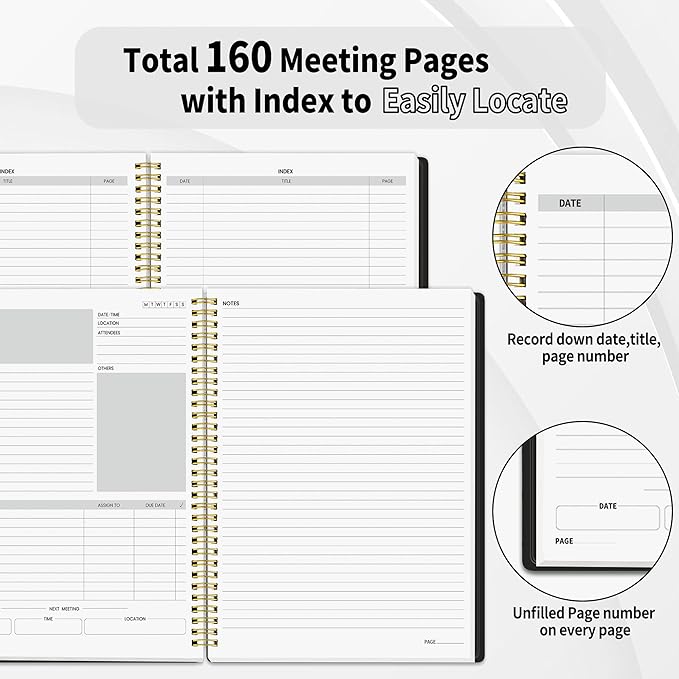 SUNEE Half Meeting Half Note - 8.5"x11" Professional Notebooks for Work - 160 Pages, A4 Size Project Planner, Spiral Meeting Agenda/Minutes Organizer for Women Men, Note Taking, Office & Business