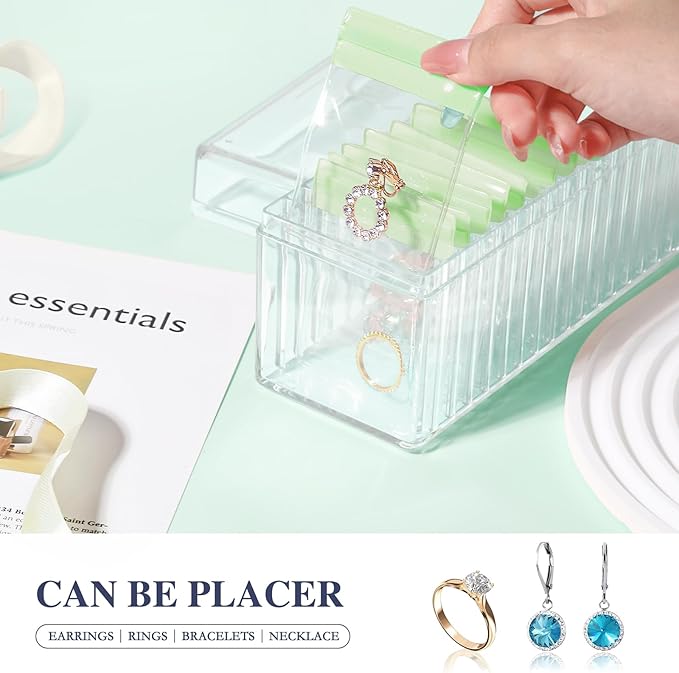 Acrylic Jewelry Box Organizer, Clear Jewelry Organizer Holder with 20 Portable Anti Tarnish Jewelry bags, Travel Jewelry Case for Earrings/Rings/Necklaces for Women Girls, Green