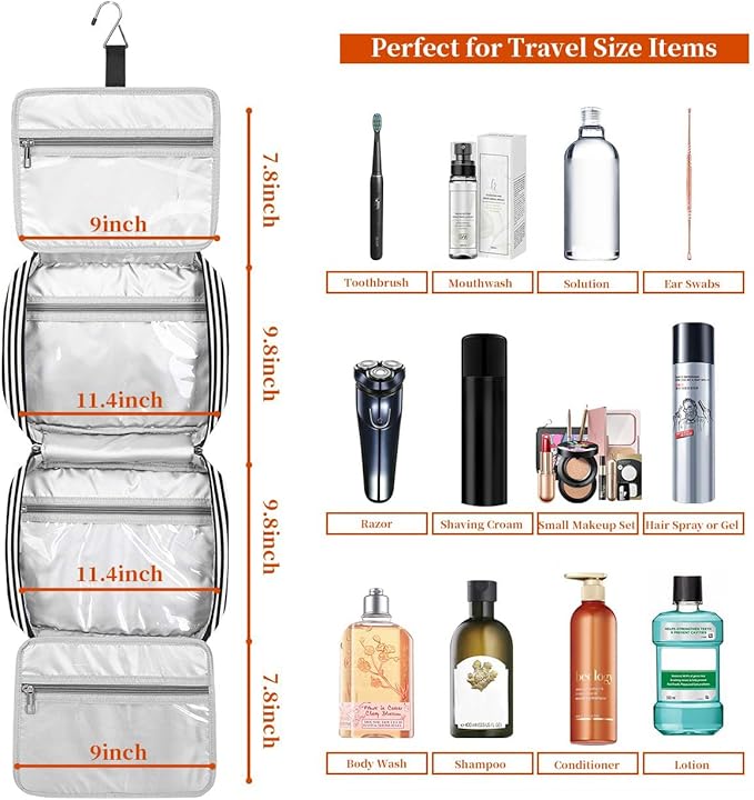 Bosidu Hanging Travel Toiletry Bag, Large Capacity Cosmetic Travel Toiletry Organizer for Women with 4 Compartments & 1 Sturdy Hook, Perfect for Travel/Daily Use/Christmas