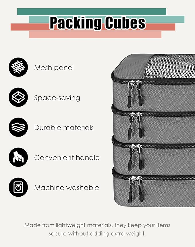 4-Piece Packing Cubes Travel Accessories Set for Suitcases - Luggage Organizer Bags with Double Zipper - Mesh Top - Medium - Dark Grey