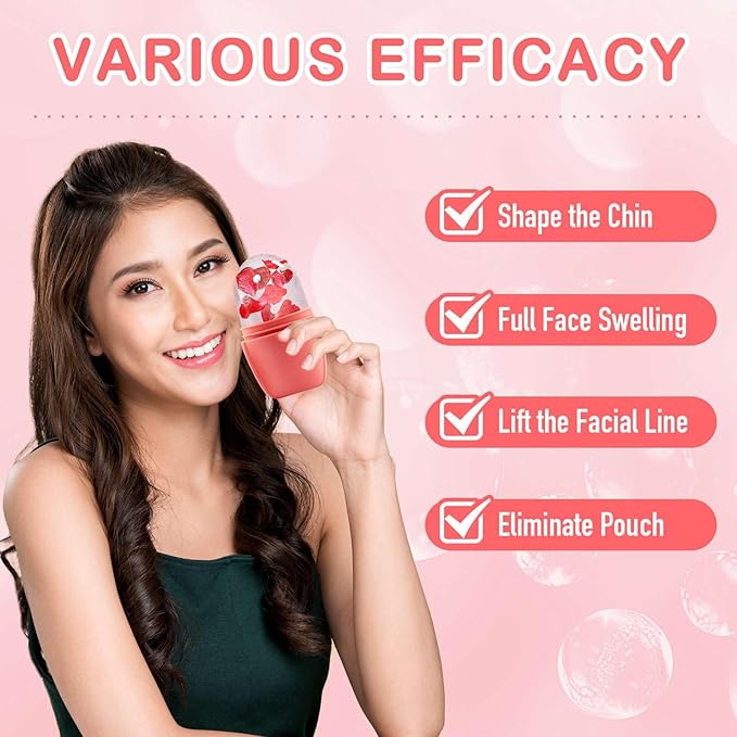 XHJRI Ice Face Roller Massager, Ice Cube Roller for Face, Eyes and Neck, Naturally Conditioning and Skin Care, De-Puff Eye Bags, Reduce Migraine Pain, Reusable Massage Silicone Ice Mold (New Pink)