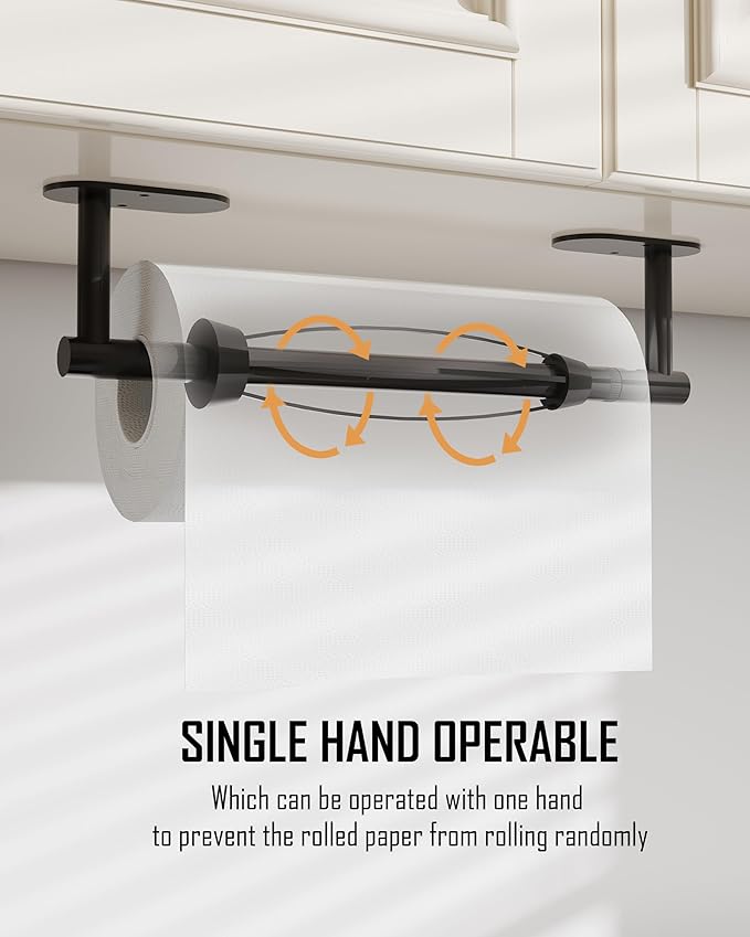 BATHDANCE Paper Towel Holder Under Cabinet, Single Hand Operable Roll Holder with Damping Effect,No Drilling or Wall Mounted SUS304 Stainless Steel for Kitchen Bathroom (Matte Black)