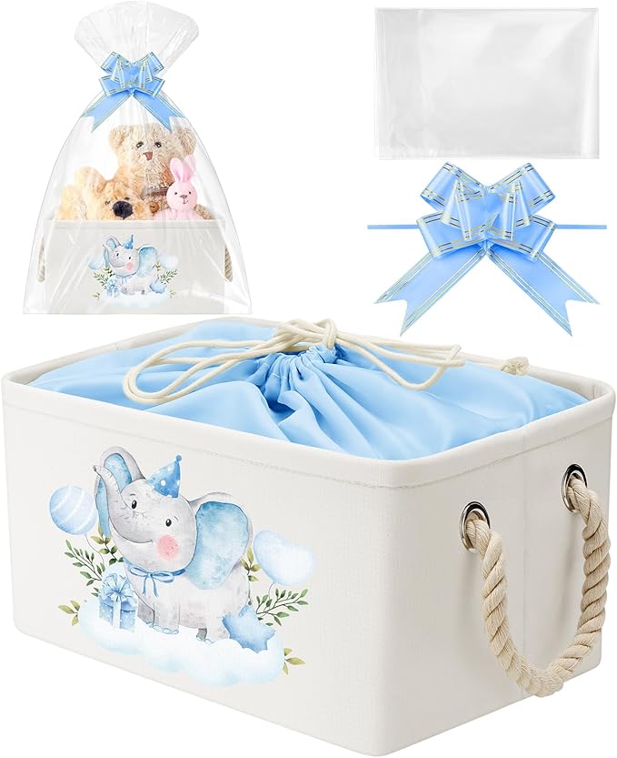 Pickmesh Baby Shower Storage Basket with Gift Bags Rectangular Ribbons Collapsible Canvas Storage Bin with Handles for Diaper Organizing Toy Home DIY Gift Basket, 13 x 9. 1 x 7. 1 Inch(Blue Elephant)