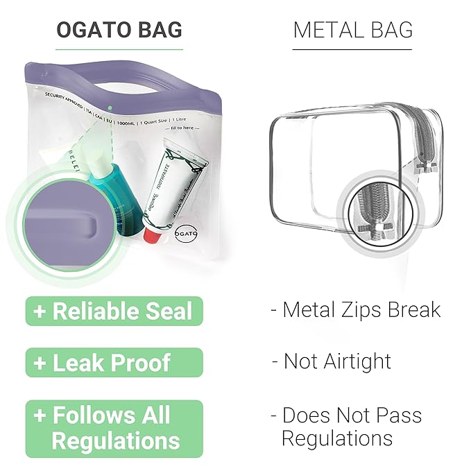 Ogato 3pcs - TSA Approved Toiletry Bag - Our Quart Size Clear Toiletry Bags are Security Approved Worldwide for Liquids & Cosmetics - 100% 3-1-1 Compliant Clear Travel Bags for Toiletries Violet