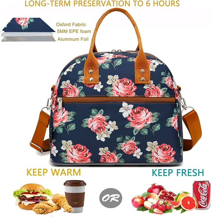 FlowFly Insulated Lunch Bag With Shoulder Strap for Women, Men, and Kids, Large and Reusable, Handle, Freezable Work and School Travel Tote and Meal Prep Organizer, Peony