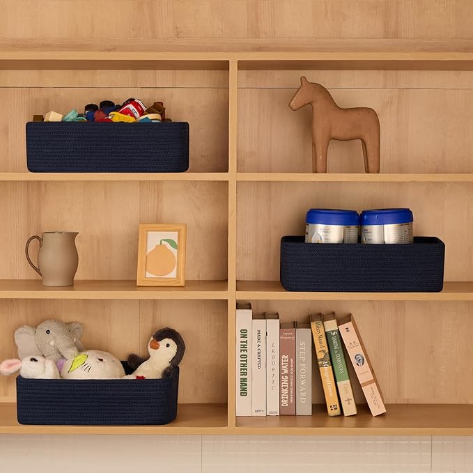 MiniArk Large Shallow Organizing Baskets 15x11x5.1 Inches - Rope Woven Storage Bins for Bathroom, Shelves, Cube Closet, Navy Blue 2 Packs