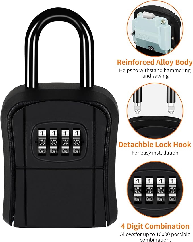 Portable Key Lock Box,Key Holder Safe Security Lock Box for Indoor, Outdoor, Garage, Garden, Store (2, Black)