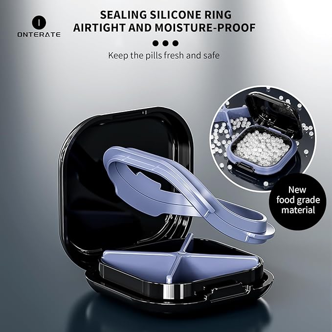 Small Pill Case, Travel Pill Organizer, Small Pill Box, Pill Container for Purse 4 Compartments, Daily Compact Travel Medicine Holder for Vitamins Medication (Black)