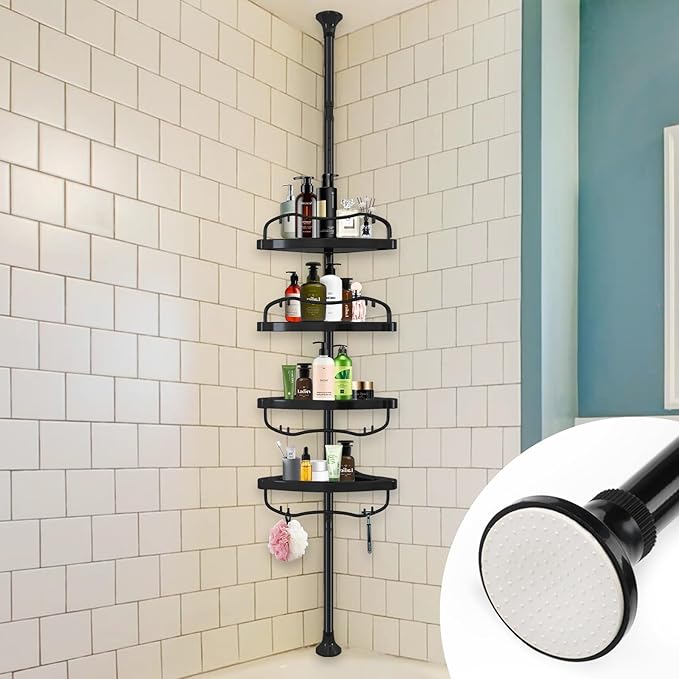 Corner Shower Caddy Tension Pole, Rustproof Bathtub Storage Organizer with 4 Adjustable Shelves, Bathroom Shower Rack Shampoo Holders for Inside Shower, 40"-120" Floor to Ceiling Shower Caddy Black