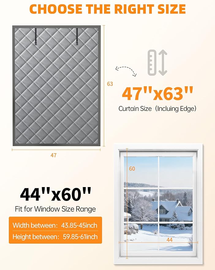 Window Insulation for Winter, 47″×63″ Thermal Window Cover (Fits 44″×60″ Windows ), Dual-Sided Winterizing Cold Blocker Curtain for Home & RV, Reusable Draft Stopper with Roll-Up Buckle