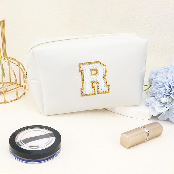 Gifts for Girls Initial Makeup Bag Personalized Cosmetic Bag with Zipper Cute Travel Toiletry Bags Waterproof PU Preppy Makeup Pouch Birthday Gift for Teen Girls Women(White R)