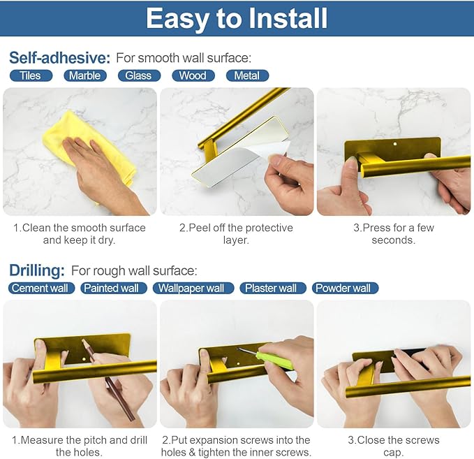 CUXIXA Paper Towel Holder Under Cabinet, Upgraded Adhesive Paper Towel Holder Wall Mount for Kitchen, Bathroom, RV, Bend-Resistant, Self-Adhesive or Drill Mounting, Stainless Steel, Gold