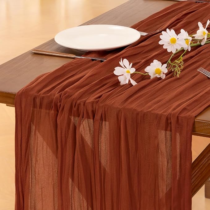 Socomi 3pcs Terracotta Summer Cheesecloth Table Runner Boho Rustic Gauze 120 inch 10FT Cheese Cloth Sheer Runner for Wedding Party Baby Shower Birthday Home Decor Holiday Decorations