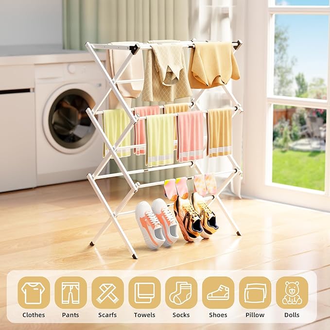 BAKON Clothes Drying Rack Foldable,Space-Saving Expandable & Portable Drying Rack for Clothes,Sturdy Metal Clothes Dryer Rack for Indoor & Outdoor,Laundry Room,Dorm Room,Apartments