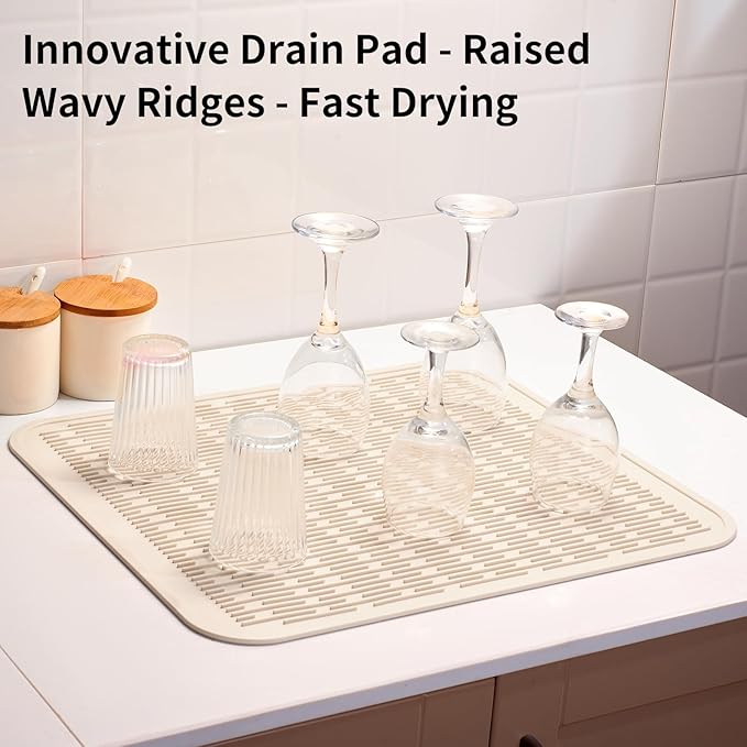ZLR Silicone Dish Drying Mat for Kitchen Counter, Eco-Friendly Fast Dry Dish Mat, Easy Clean Multi Usage Drying Matt, Heat Resistant Trivet, 16" x 18" XL, Cassava White