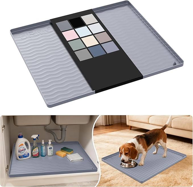 URMONA Waterproof Silicone Under Sink Mat 22'' x 19'' Shelf Liner for Kitchen and Bathroom, Cabinet and Counter Protector, Storage and Organizers, Litter Mat, Pet Cat Puppy Essentials(Light Grey)