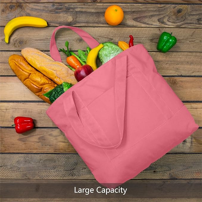 TOPDesign 3-Pack Canvas Tote Bags with an External Pocket, Reusable Grocery Shopping Bags, Top Zipper Closure, Daily Essentials (Rose Pink)