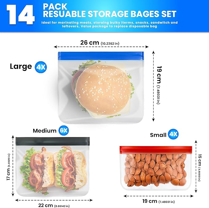 Reusable Silicone Food Storage Bags – 14-Pack Ziplock Set (4 Small, 6 Medium, 4 Large), BPA-Free Leakproof Freezer Bags, Extra Thick & Durable, Dishwasher Safe for Meal Prep, Snacks, Travel