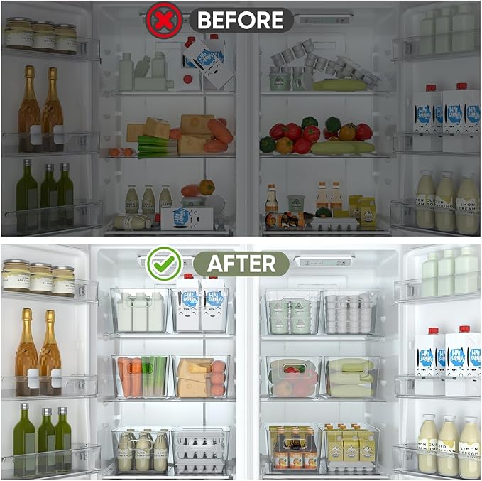 BALEINE Clear Plastic Storage Bins, Pantry Organization, BPA Free Stackable Refrigerator Organizers and Storage with Handles for Kitchen Fridge Cabinet Bathroom (4PK, 9.5x5.5x4.5)