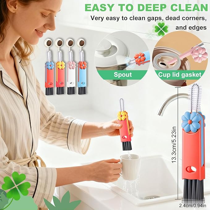 3 in 1 Cup Lid Cleaning Brush, Multifunctional Gap Cleaning Brush, Home Kitchen Crevice Brush, Portable Bottle Cleaner Brush for Cleaning Tight Spaces, Bottle Gaps, Travel Mug Caps(4 PCS)