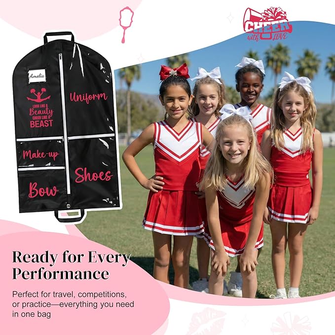 DEEKA Cheer Garment Bag for Hanging Clothes with Zipper Pockets Cheer Accessories Mom Essentials Uniform Costume 40 Inch Black Bags Stuff for Cheerleading Girls (Black,Red-Cheer Quote)