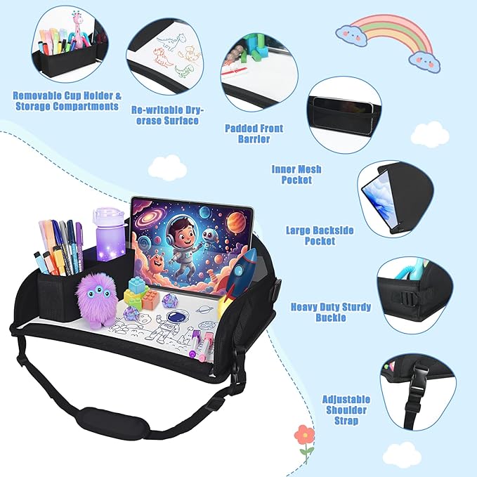 Upgraded Kids Travel Tray for Airplane - Toddler Car Seat Table Tray, Road Trip Essentials for Boys & Girls, Carseat Lap Desk for Kids Road Trip Activities, Black - 2 PCS