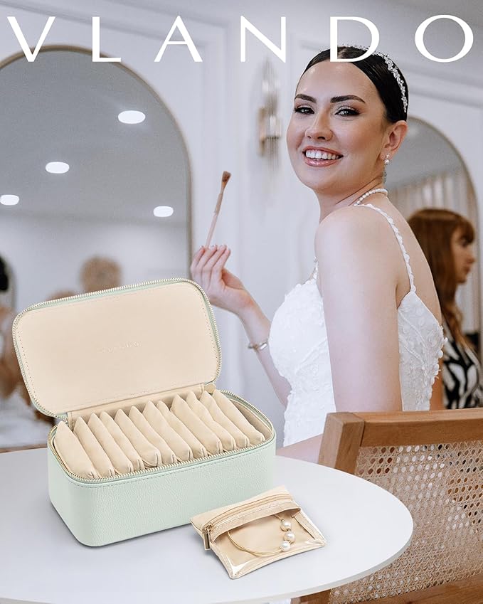 Vlando Jewelry Organizer with 12 Velvet Jewelry Bags, Travel Jewelry Case for Girls, Premium Petal Hardware Jewelry Box for Necklaces, Rings, Earrings, Bags, Birthday, Christmas Gifts for Self - Mint Green