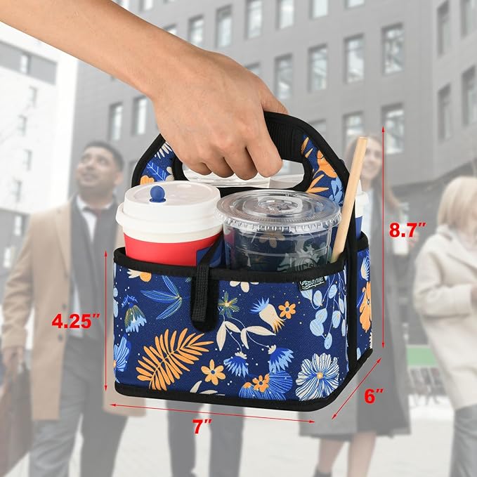 Beautyflier Reusable Insulated Coffee Cup Carrier, Portable Drink Holder with Handle Organizer Tote Bag for Hot & Cold Drinks (Blue Plants)