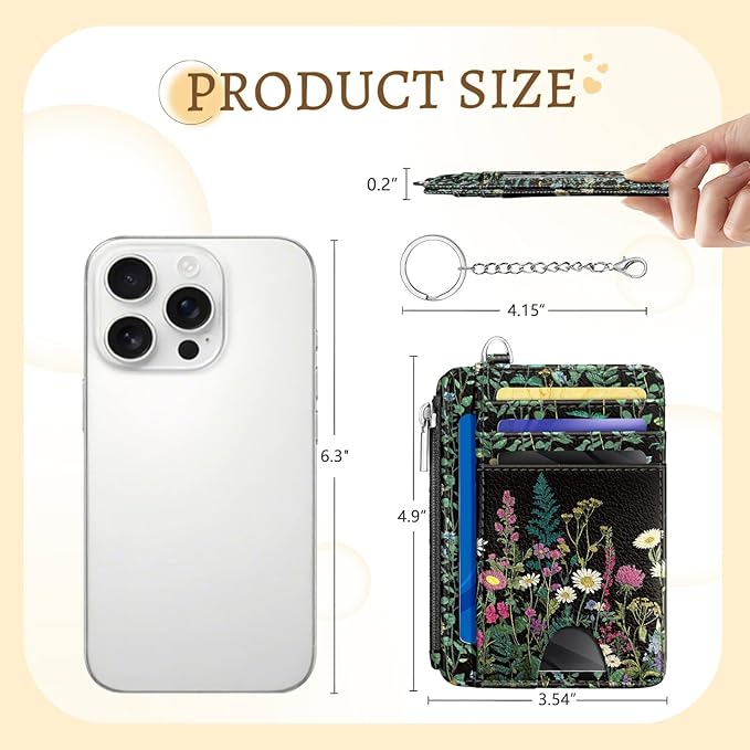 Wildflower Credit Card Holder Small Wallet Women, Flowers Slim RFID Blocking Wallet Woman Keychain with Zipper Coin Pocket, Front Pocket Thin Travel Card Case with ID Window for Ladies Gifts