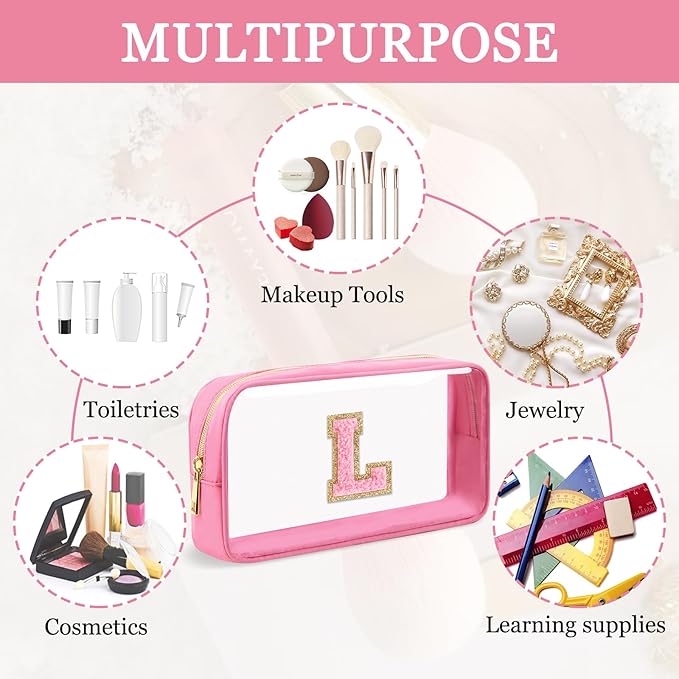 Small Clear Personalized Initial Makeup Bag,Nylon Preppy A-Z Chenille Letter Patch Cosmetic Pouch Beach Toiletry Bag,Waterproof Zipper Travel Purse Storage Bag Organizer for Women Girls(Pink-Pink L)