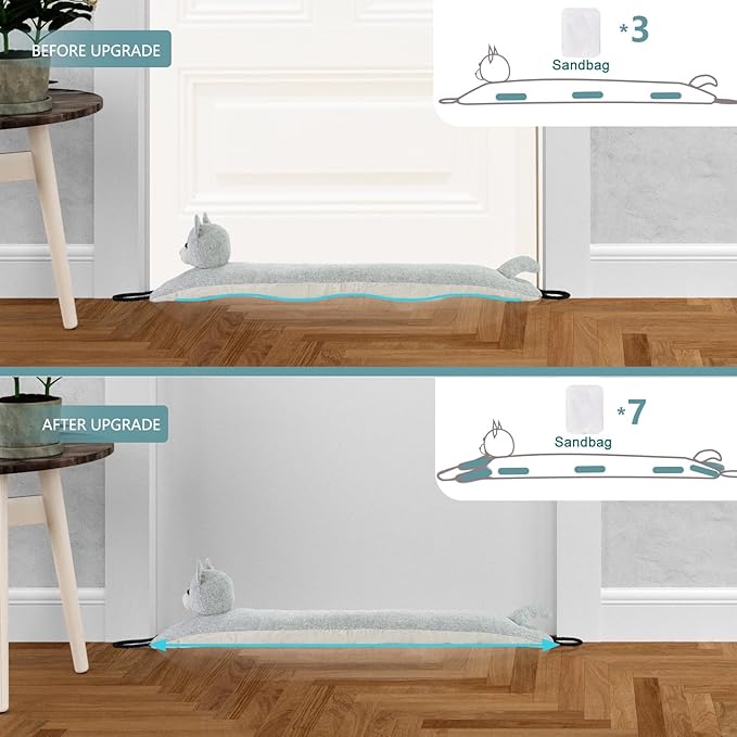 Marwood Under Door Draft Stopper Decorative Wind Stopper 36 inch for Door & Window, Weighted Animal Air Draft Stopper Snake Noise Blocker for Bottom of Door with Hanging Loops - Grey Cat