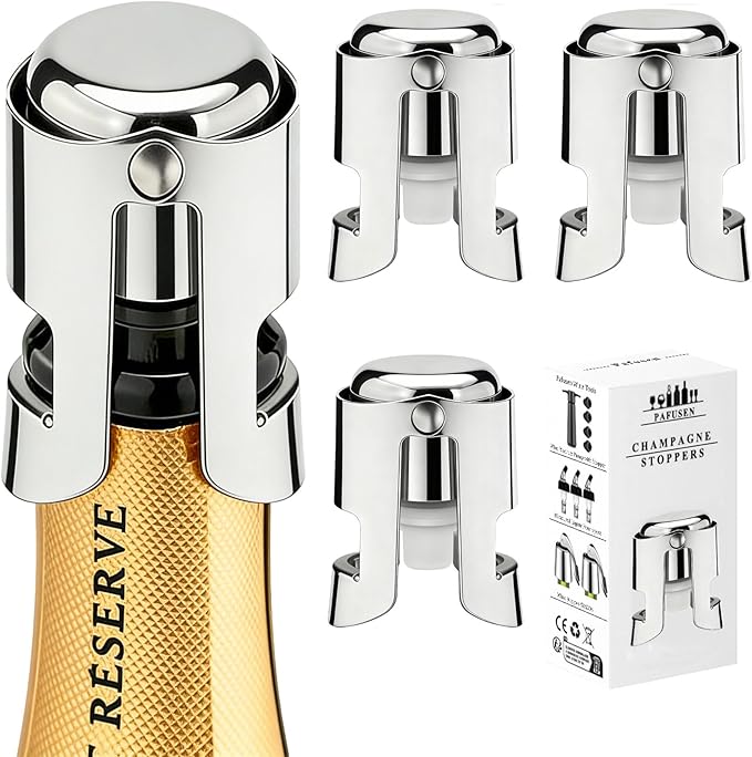 Champagne Stoppers for Bottles, Pafusen Champagne Sealer Stopper, Stainless Steel Champagne Cork Stopper Toppers, Saver for Champagne Cava Prosecco Sparkling Wine (Champagne -3-Pack-Silver)