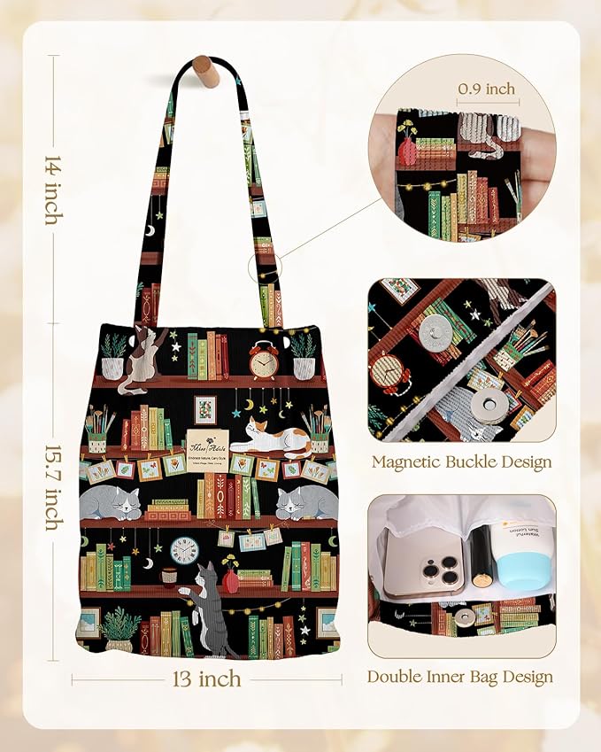 Miss Adola Corduroy Tote Bag for Women - Reusable Totes with Pocket & Buckle Cute Aesthetic Shoulder Bag for Work Travel