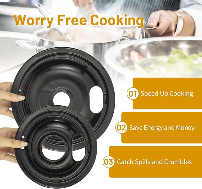 4 Pack Black Drip Pans, Compatible with Whirpool Kenmore Frigirate Stove Top Drip Bowls. Include 2 Pcs 6'' Range Replacement Drip Pans and 2 Pcs 8 '' Cooktop Drip Pans