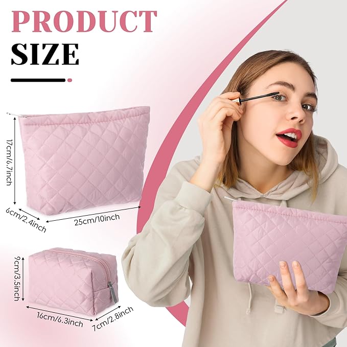 2 Pcs Pencil Case Quilted Makeup Bag Aesthetic Cosmetic Pouch for Women Puffer Travel Toiletry Bag Set Cotton Small Purse Pouch Makeup Organizer with Zipper(Pink)