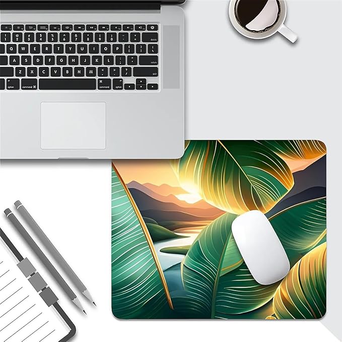Square Mouse Pad Tropical Leaf & Mountain Sunset, Personalized Premium-Textured Custom Mouse Mat Design, Washable Mousepad Cloth, Non-Slip Rubber Base Computer Mouse Pads for Wireless Mouse