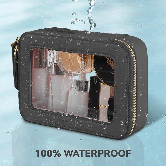 Prite Clear Makeup Bag Cosmetic Organizer Case Waterproof Travel Toiletry Bag Skincare Pouch with Golden Zipper (Black)