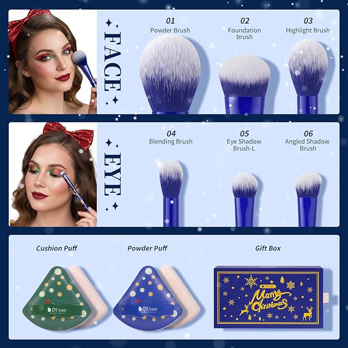 DUcare Christmas Gift Set 8Pcs,With 6pcs Makeup Brush Set 2pcs Makeup Puffs Kabuki Foundation Blending Face Powder Blush Concealers Eye Shadows Brushes